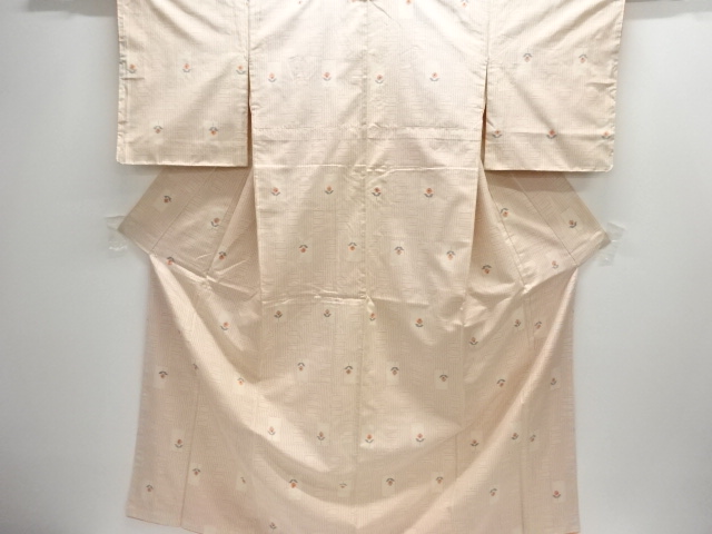 未使用品　幾何学に花模様織り出し手織り紬着物